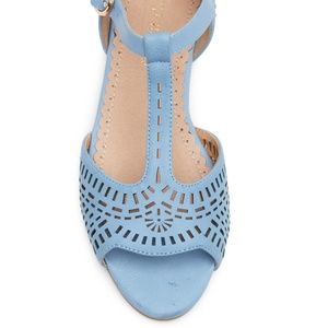 Restricted Carmel Blue T-Strap Peep Toe Flats